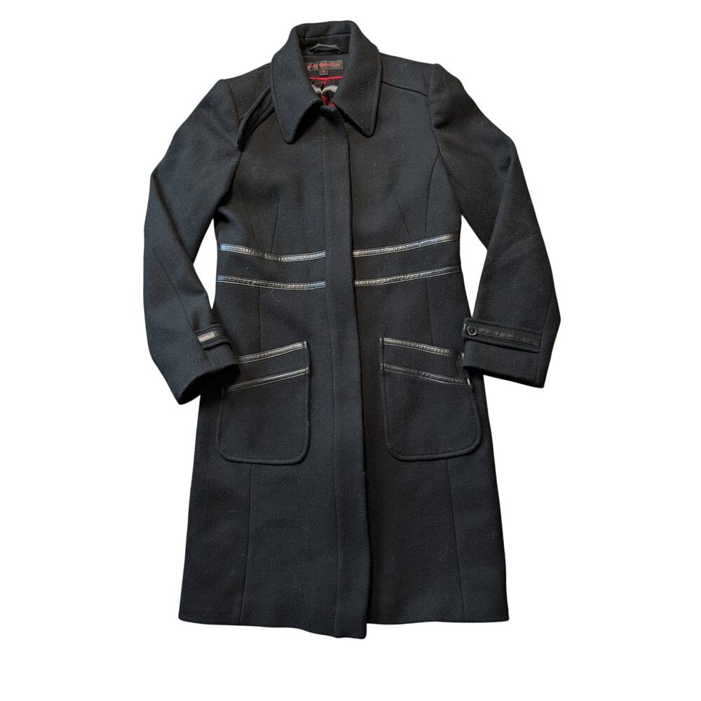 Via Spiga Women’s Black Wool Blend Button Faux Leather Trim Long Coat Size 8